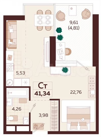 1-к. квартира, 41,3 м², 2/7 эт.