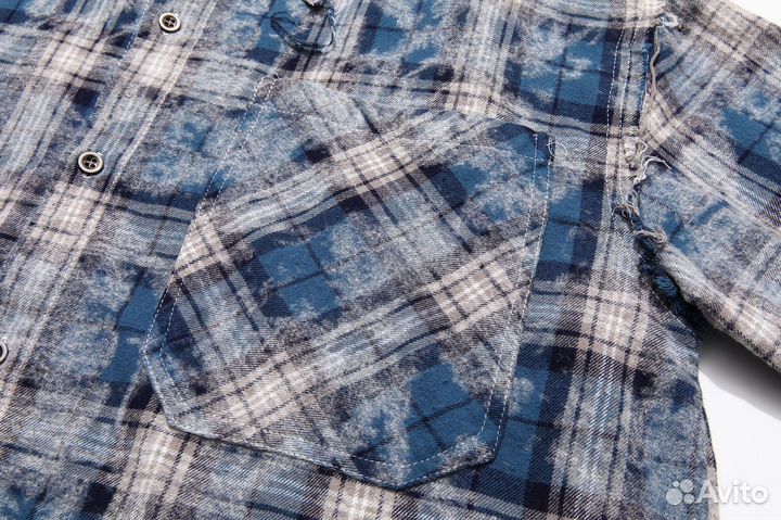 Рваная рубашка в клетку Синяя