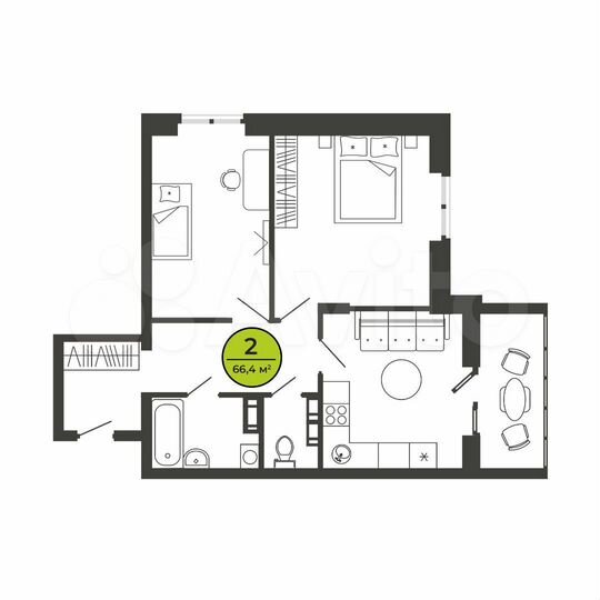 2-к. квартира, 66,5 м², 1/9 эт.