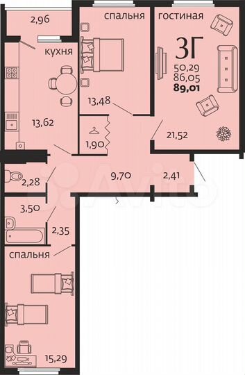 3-к. квартира, 89 м², 2/5 эт.