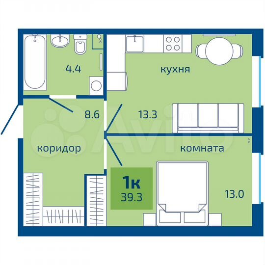 1-к. квартира, 39,3 м², 1/10 эт.