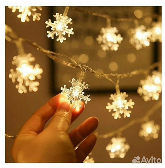 Новая гирлянда снежинки тёплая жёлтая Снежинка