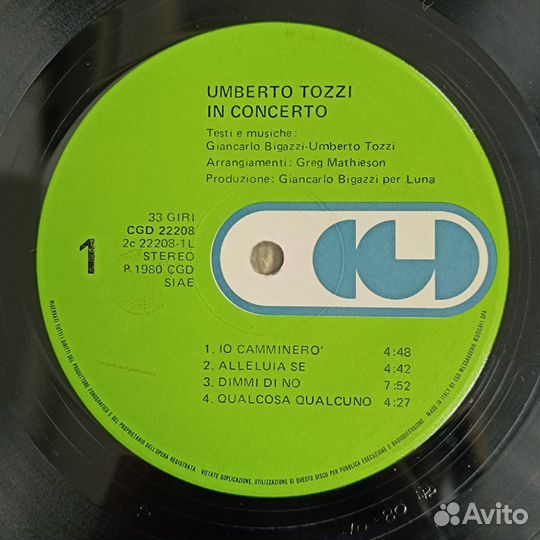 Umberto Tozzi – In Concerto 1980 винил