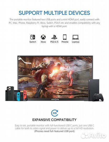 Портативный игровой монитор Arzopa 14 FHD IPS 60Hz