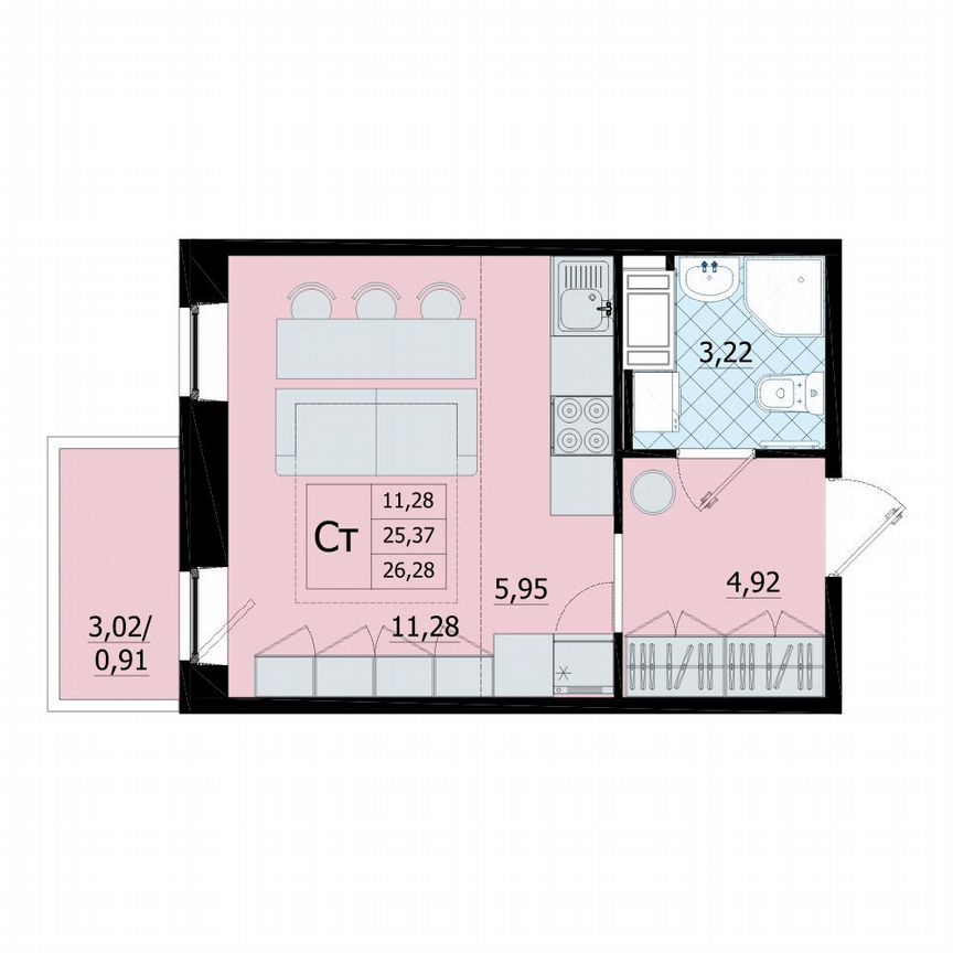 Квартира-студия, 26,3 м², 8/9 эт.
