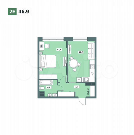 2-к. квартира, 46,9 м², 4/15 эт.