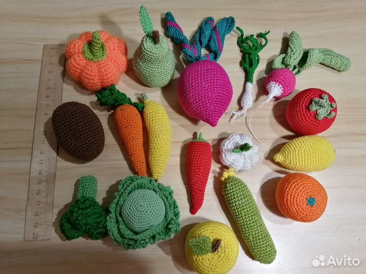 Наборы вязаных овощей, фруктов с авоськой