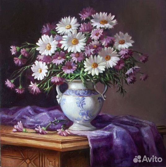 Картина маслом Натюрморт с рамашками Букет цветов