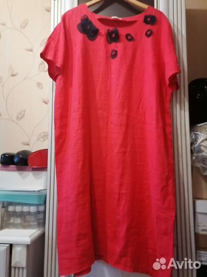 Платье красное лен 56-58 р