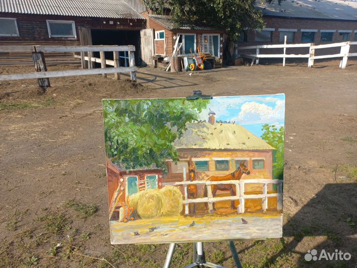 Картина маслом пейзаж на конюшне