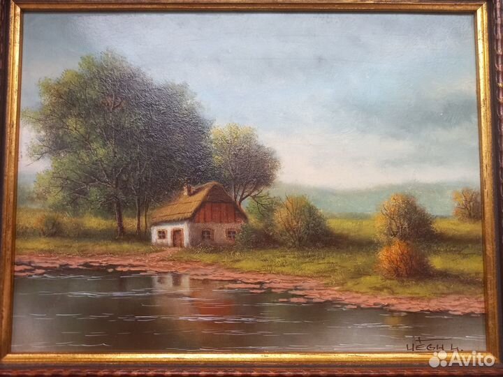 Антикварная картина пейзаж домик холст масло подпи