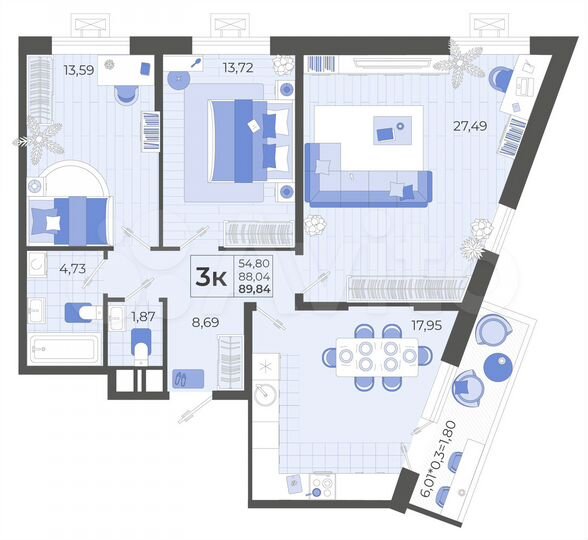3-к. квартира, 89,8 м², 13/14 эт.