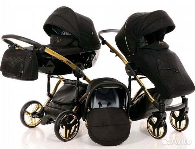 Коляска junama diamond 3 в 1 черная с золотом