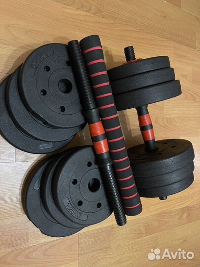 2 гантели по 10 кг превращающиеся в штангу