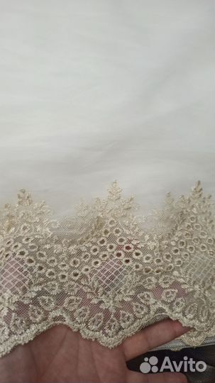 Тюль сетка белая 3шт с матовой золотой вышивкой