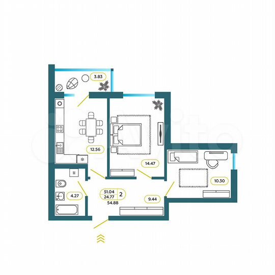 2-к. квартира, 54,9 м², 5/7 эт.