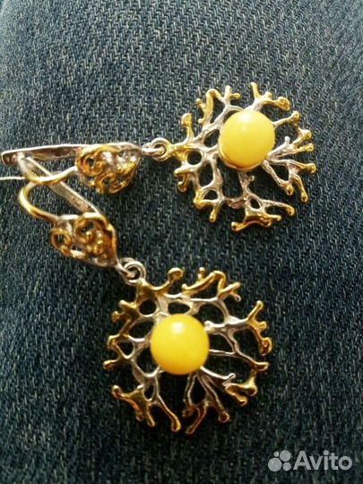 Кольцо серьги серебро позолота, королевский янтарь