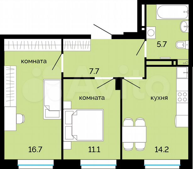 2-к. квартира, 55,4 м², 12/25 эт.