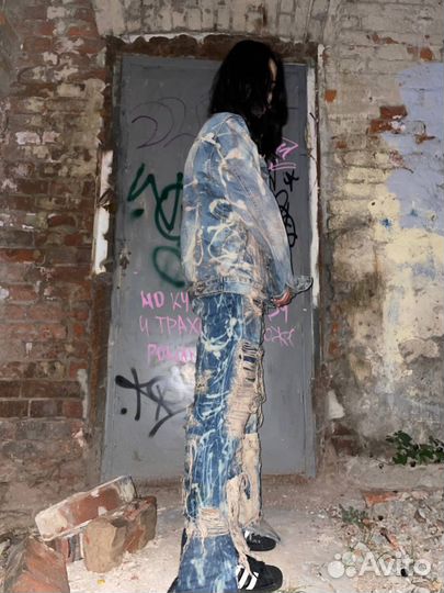 Distressed balenciaga type denim suit opium