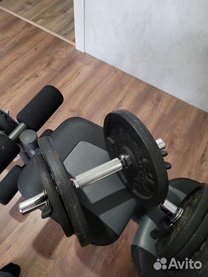 Скамья для жима лежа, штанга, гантели, блины