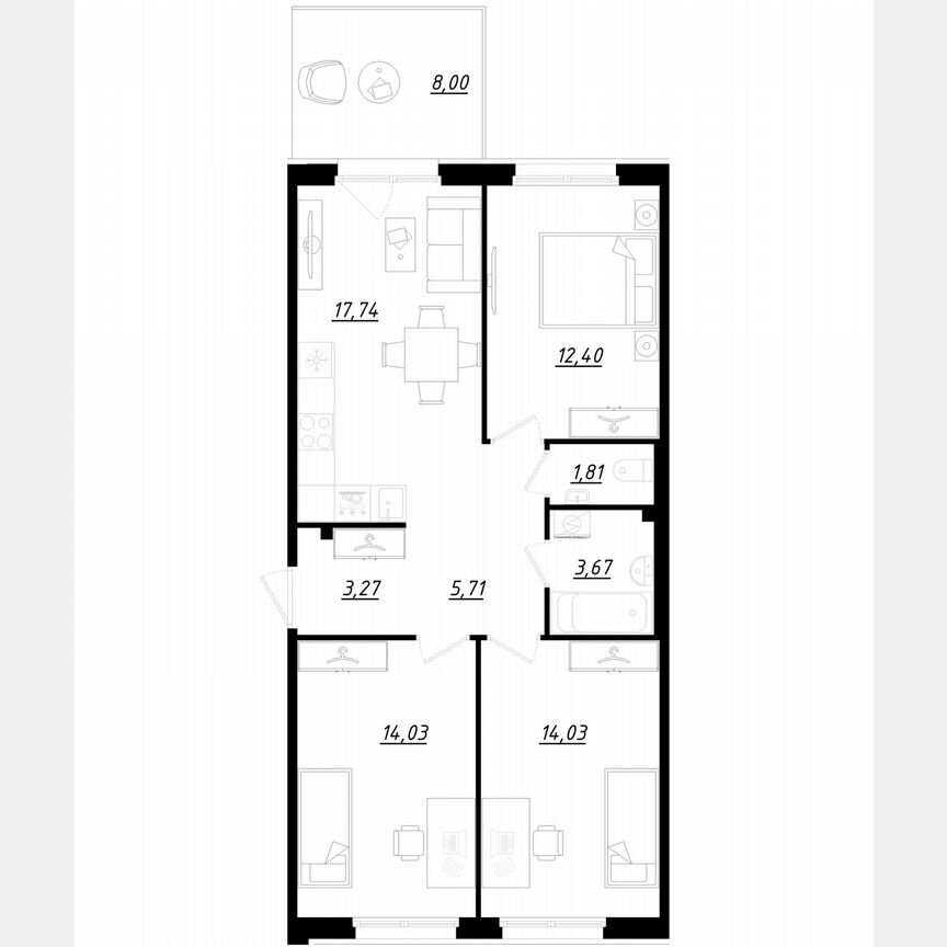 3-к. квартира, 75,1 м², 1/5 эт.