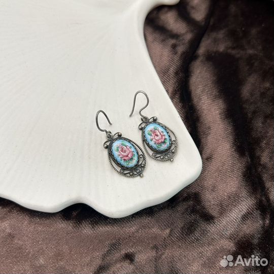 Советские винтажные мельхиоровые серьги, финифть