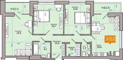 3-к. квартира, 90,9 м², 14/18 эт.