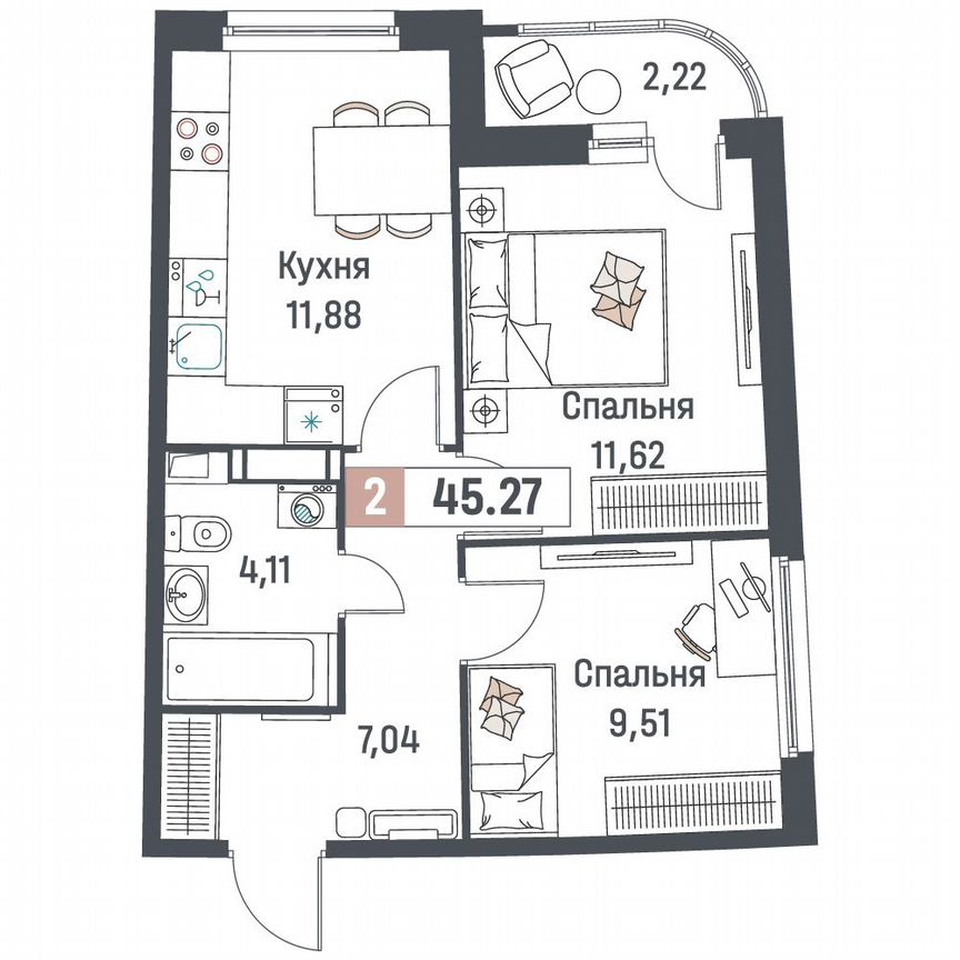 2-к. квартира, 45,3 м², 8/18 эт.
