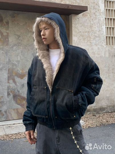 Джинсовый бомбер с мехом y2k Rick Owens type