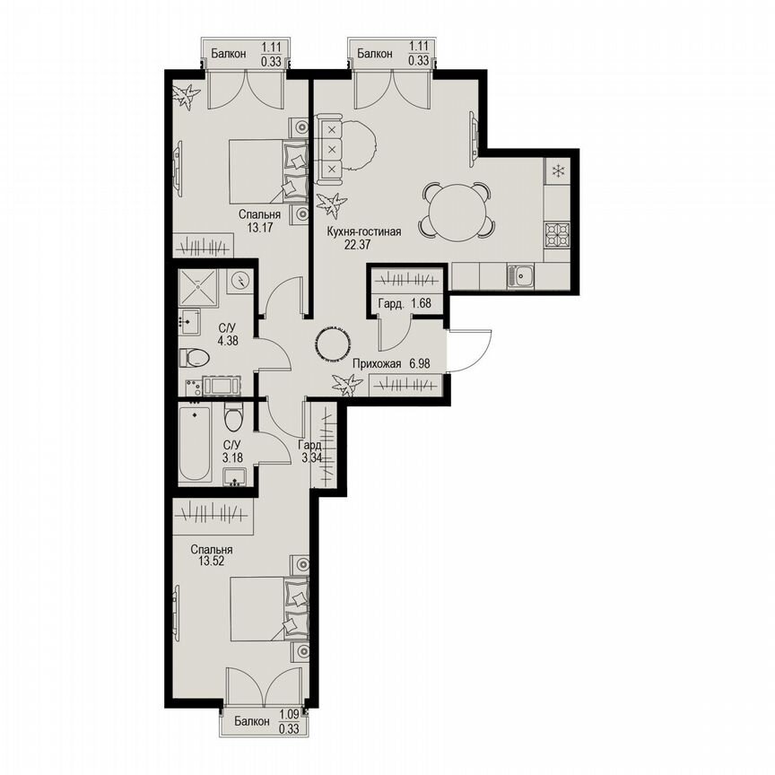 2-к. квартира, 69,6 м², 5/6 эт.