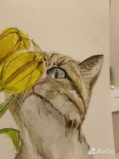 Картина акварель Полосатый кот и тюльпаны