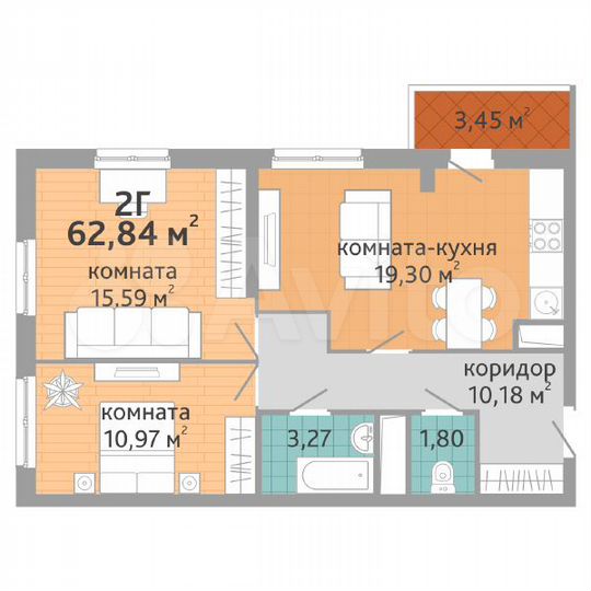 2-к. квартира, 62,8 м², 23/25 эт.