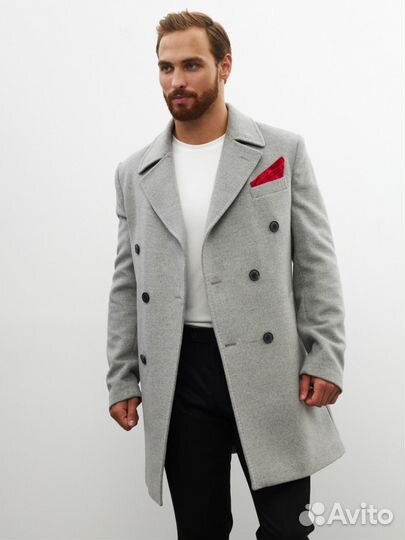 Двубортное мужское серое пальто