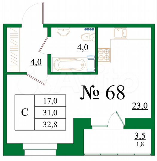 Квартира-студия, 32,8 м², 8/8 эт.