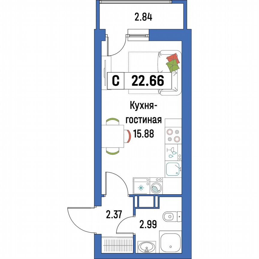 Квартира-студия, 22,7 м², 16/16 эт.
