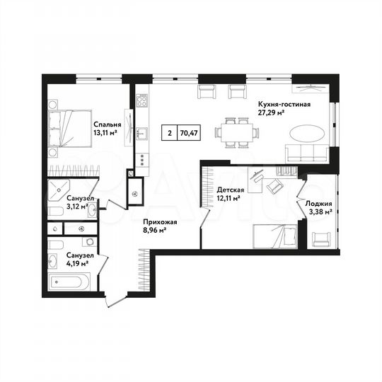 2-к. квартира, 70,5 м², 20/25 эт.