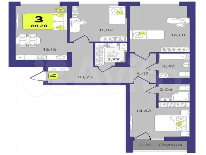 3-к. квартира, 88,3 м², 11/14 эт.