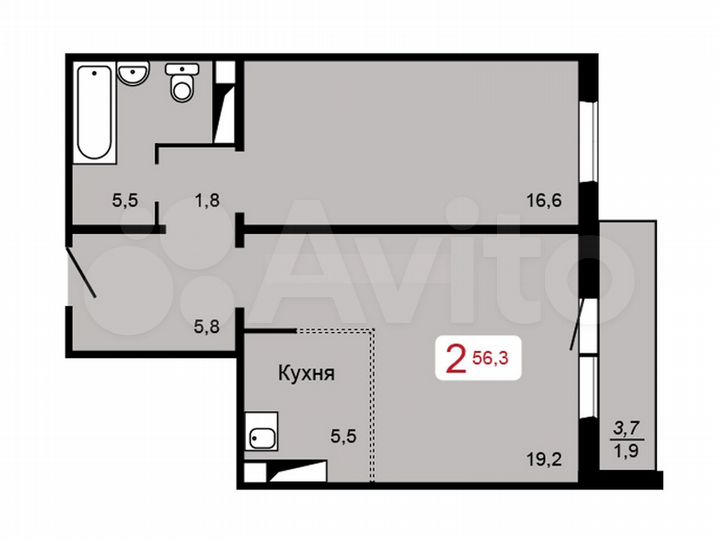 2-к. квартира, 56,3 м², 14/17 эт.