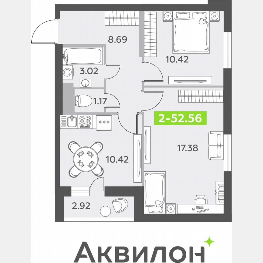 2-к. квартира, 52,6 м², 10/12 эт.