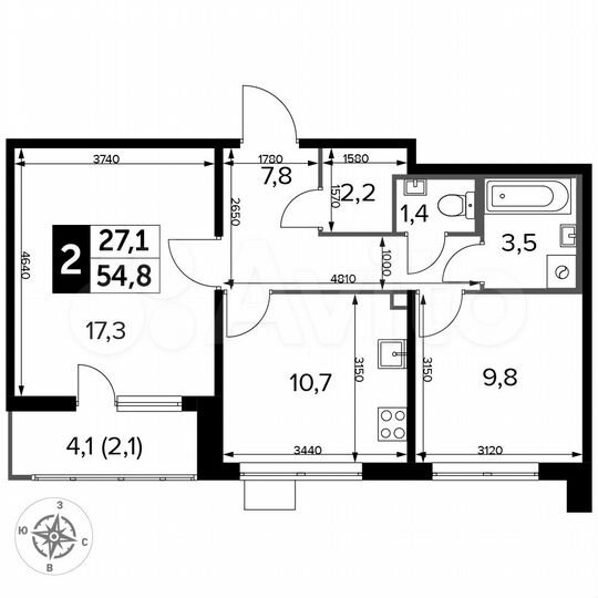 2-к. квартира, 54,8 м², 23/24 эт.
