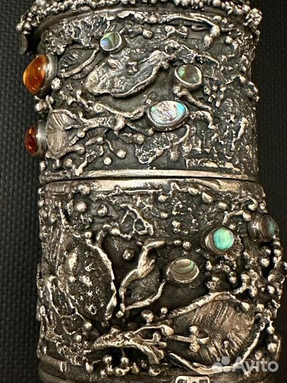 Шкатулка серебро, янтарь, перламутр