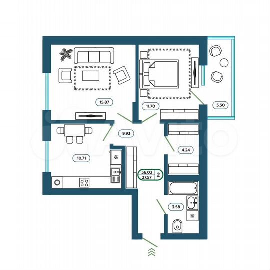 2-к. квартира, 61,1 м², 1/8 эт.