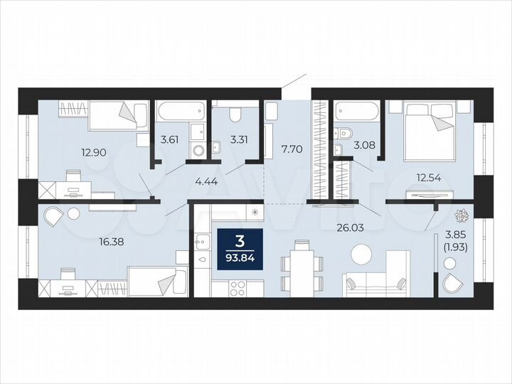 3-к. квартира, 93,8 м², 2/12 эт.