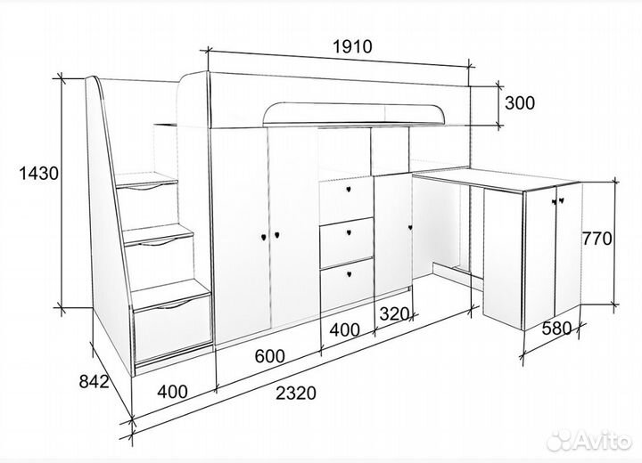 Кровать чердак Астра 11 Дуб молочный/Голубой
