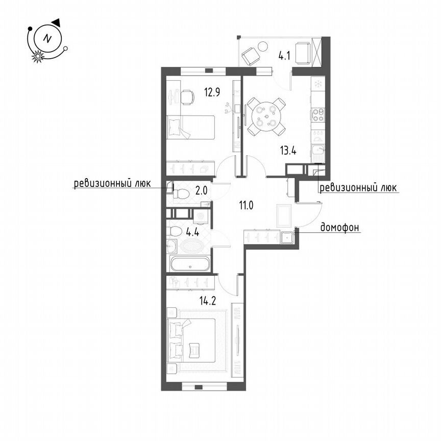 2-к. квартира, 60 м², 6/12 эт.