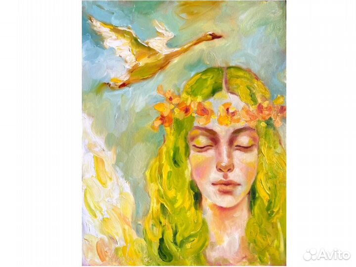Картина маслом портрет девушка цветы лебедь