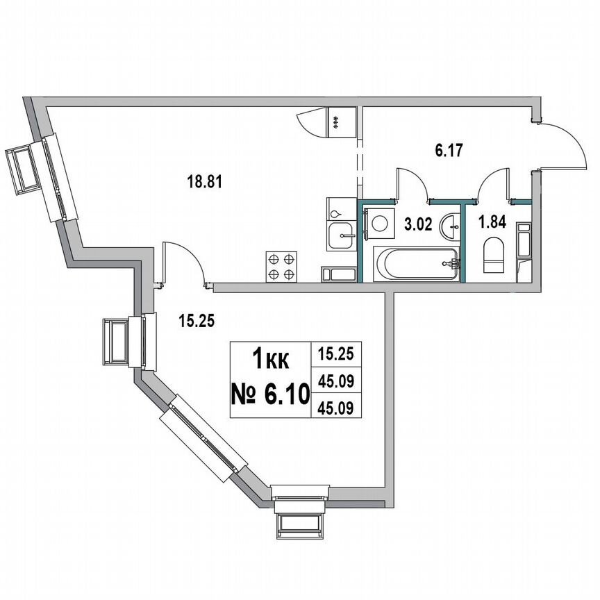 1-к. квартира, 45,1 м², 6/7 эт.