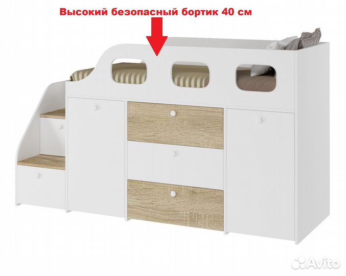 Детская кровать чердак с ящиками и шкафами Хэппи