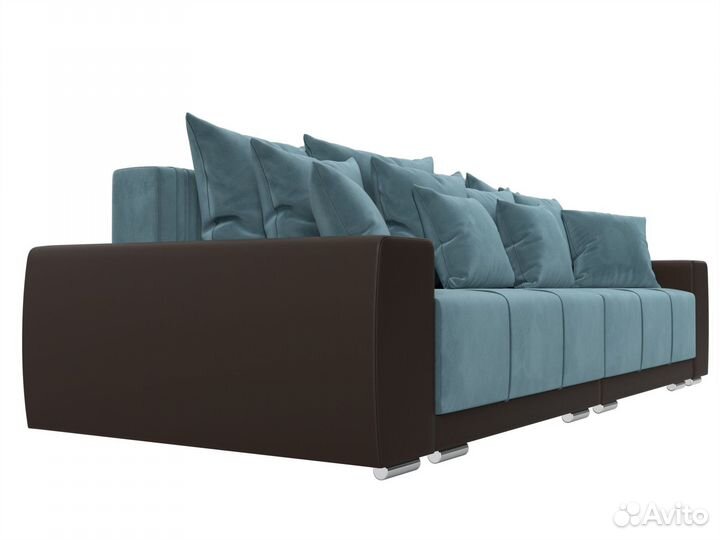 Диван прямой Лига-028, велюр, бирюзовый, коричневый