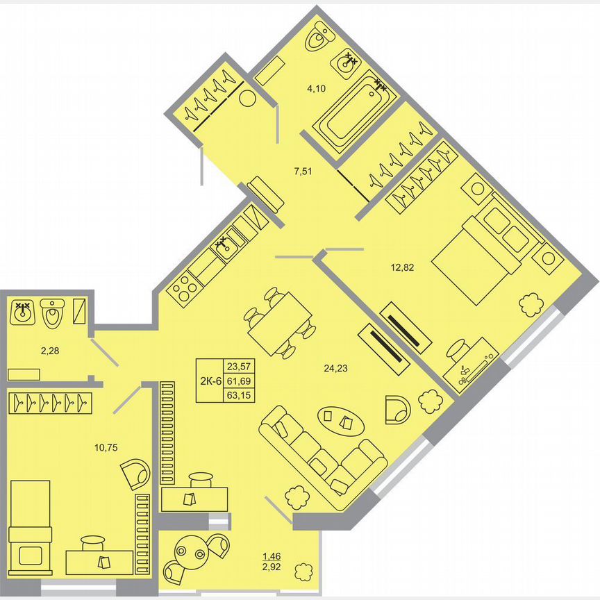 2-к. квартира, 63,2 м², 12/17 эт.
